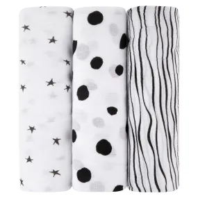 3 Pack Cotton Muslin Swaddle Blanket - Black & White Abstract