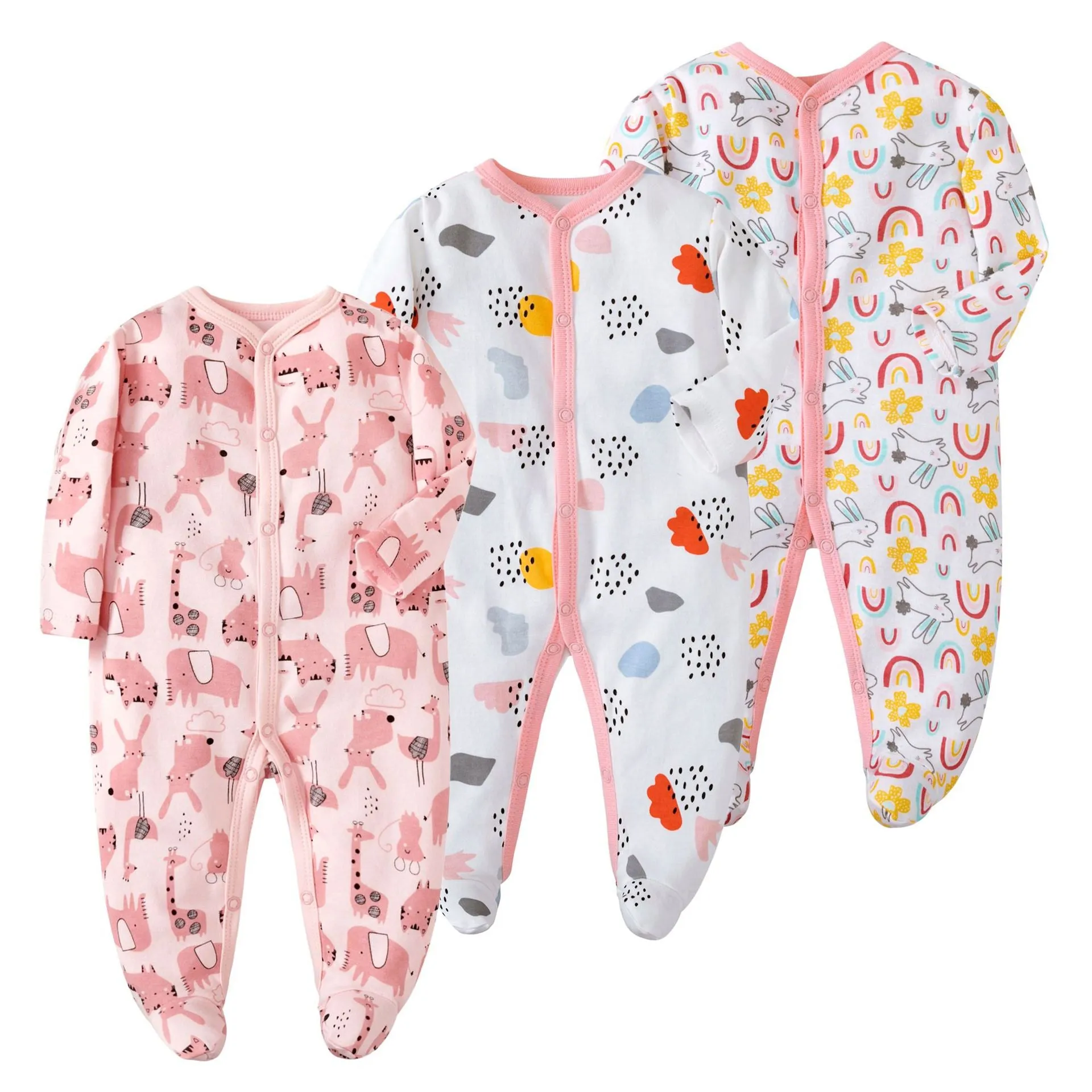 3pk Baby Girl 100% Cotton Long Sleeve 0-12M Footed Onesie