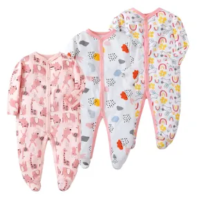 3pk Baby Girl 100% Cotton Long Sleeve 0-12M Footed Onesie