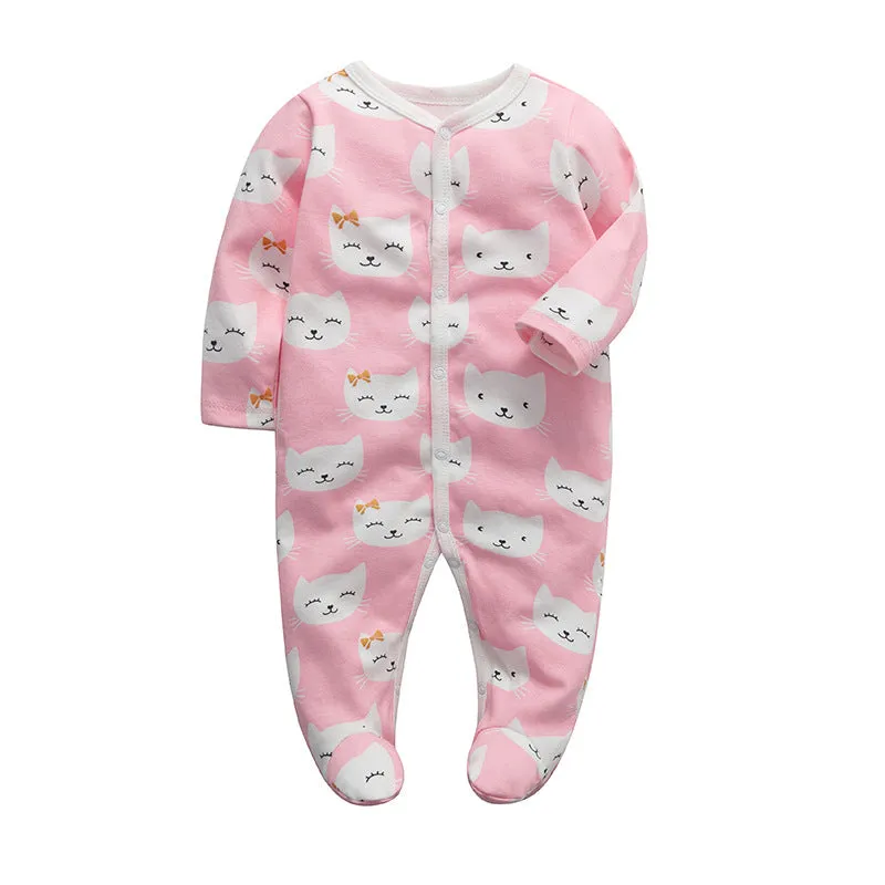 3pk Baby Girl Pink Long Sleeve Cat Print Footed Onesie