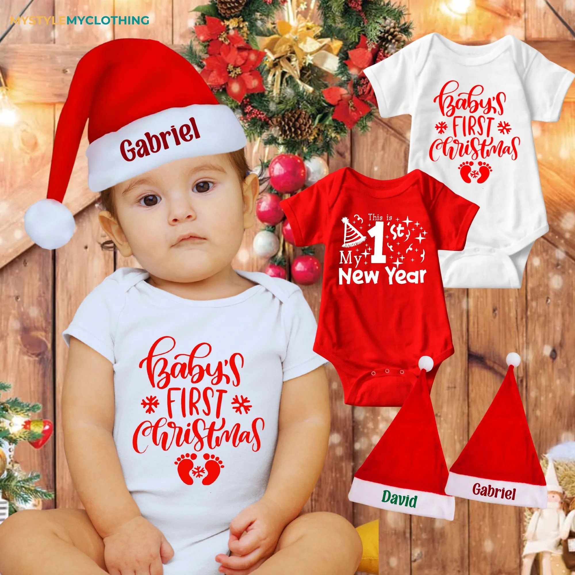 Baby Christmas and New Year Holiday Onesies Set with Customized Santa Hat