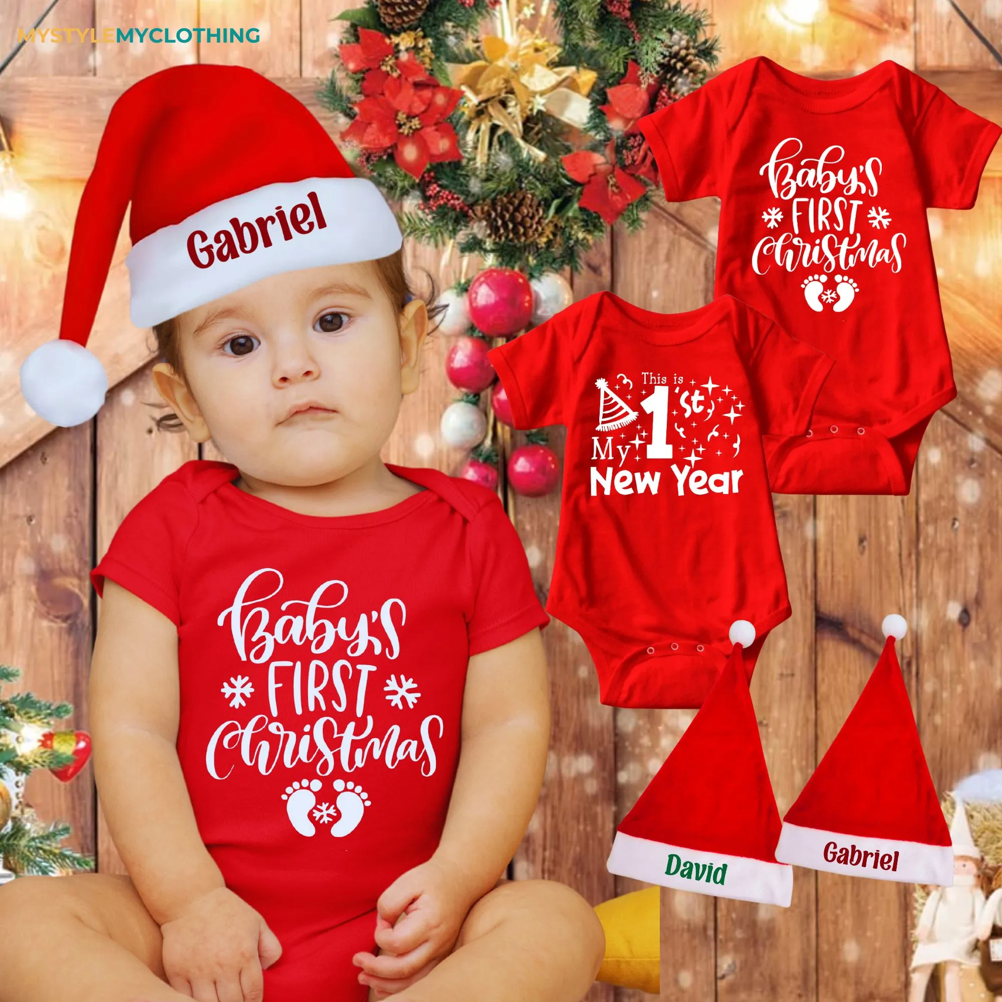 Baby Christmas and New Year Holiday Onesies Set with Customized Santa Hat