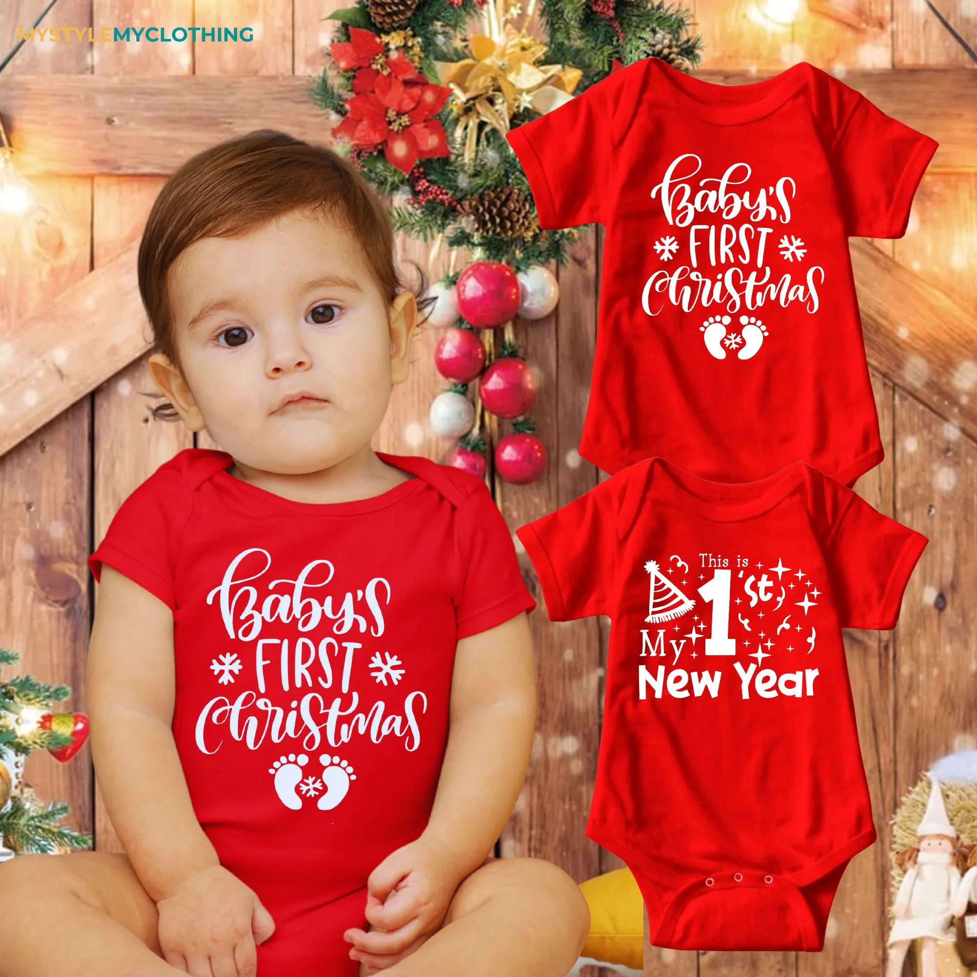 Baby Christmas and New Year Holiday Onesies Set with Customized Santa Hat