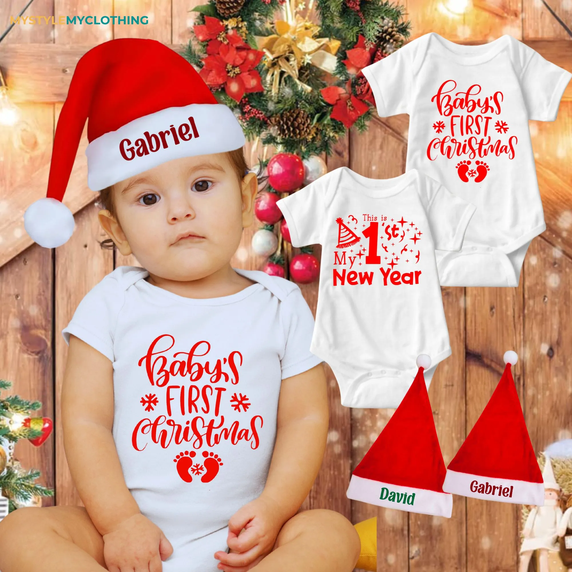 Baby Christmas and New Year Holiday Onesies Set with Customized Santa Hat