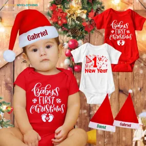 Baby Christmas and New Year Holiday Onesies Set with Customized Santa Hat