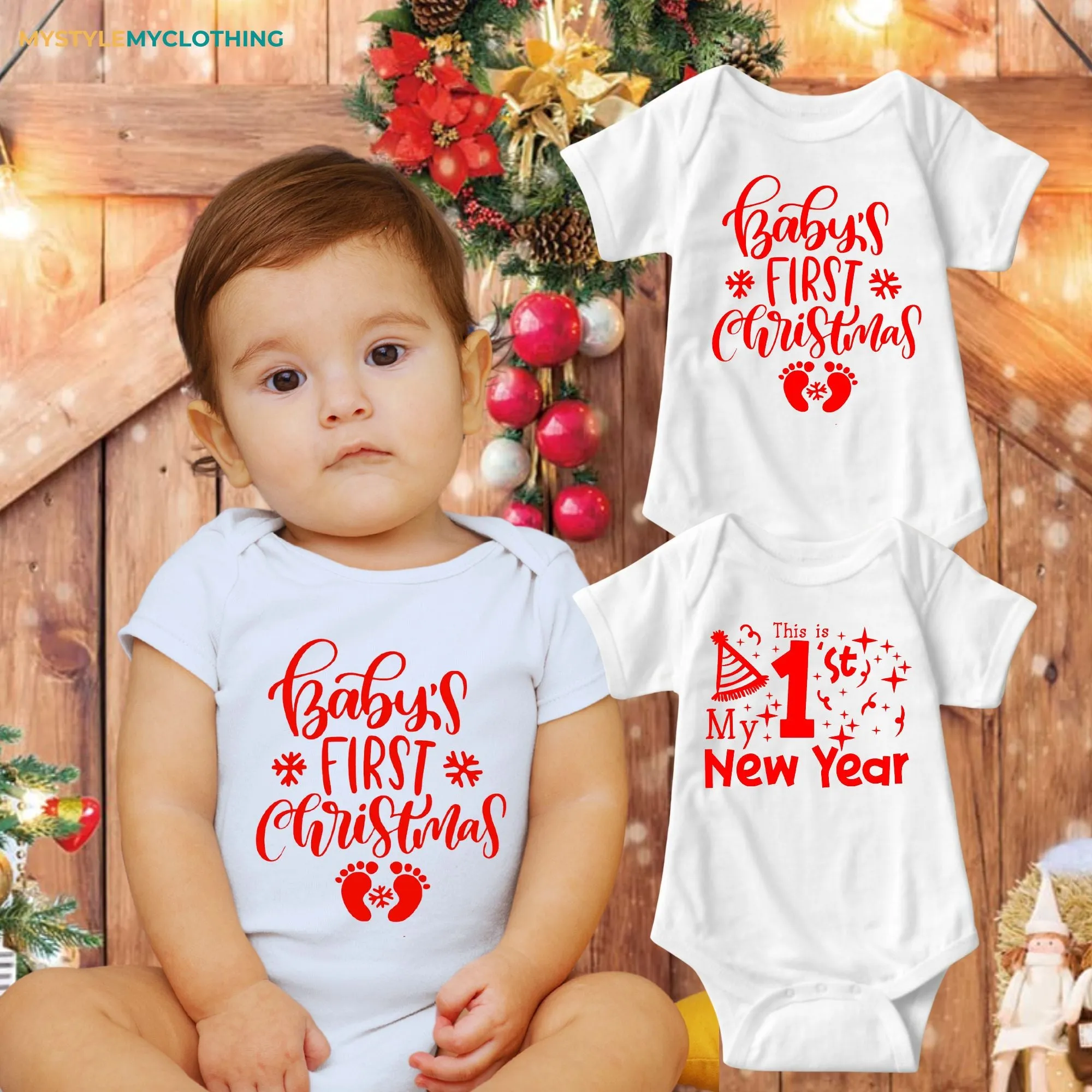 Baby Christmas and New Year Holiday Onesies Set with Customized Santa Hat