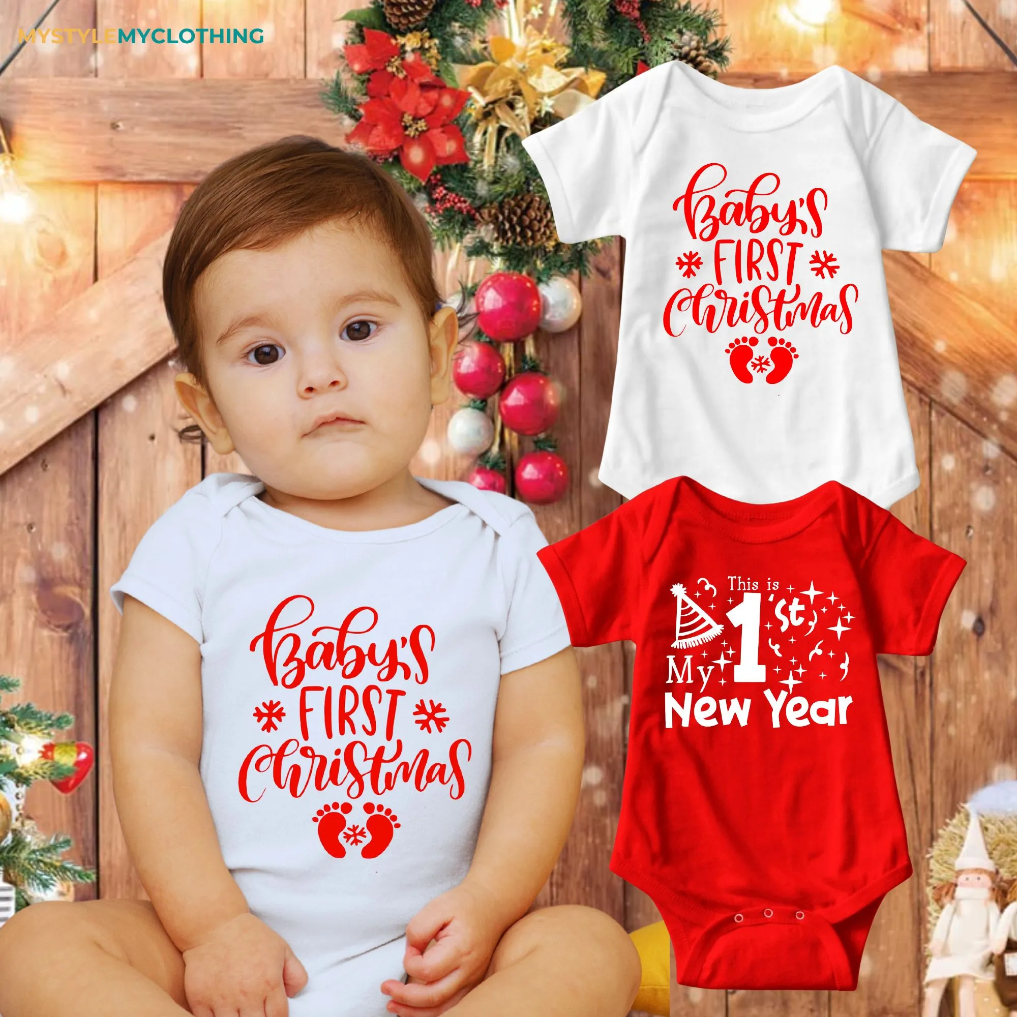 Baby Christmas and New Year Holiday Onesies Set with Customized Santa Hat
