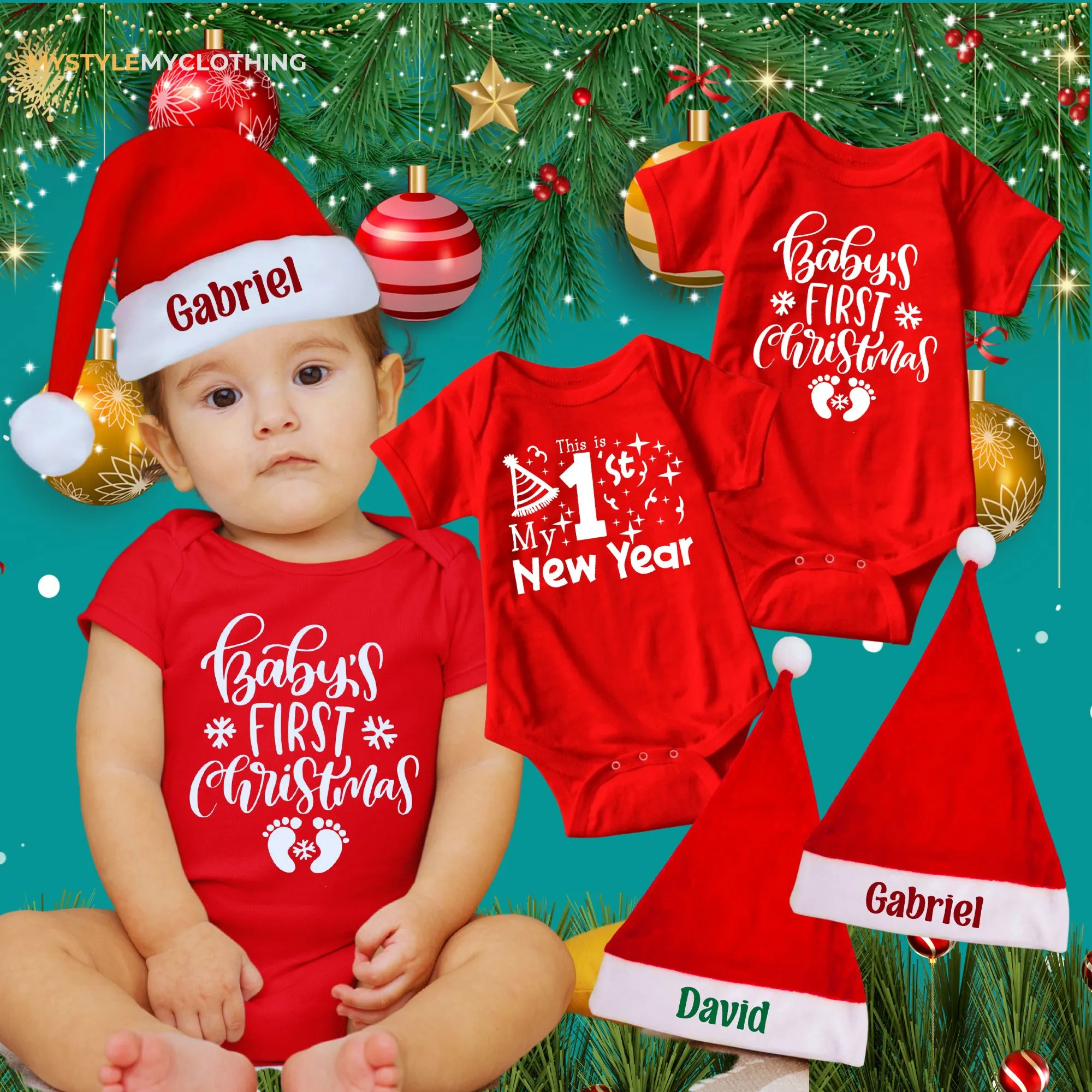 Baby Christmas and New Year Holiday Onesies Set with Customized Santa Hat
