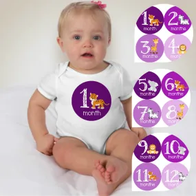 Baby Custom Monthly Onesies - Purple Zoo Animals 1