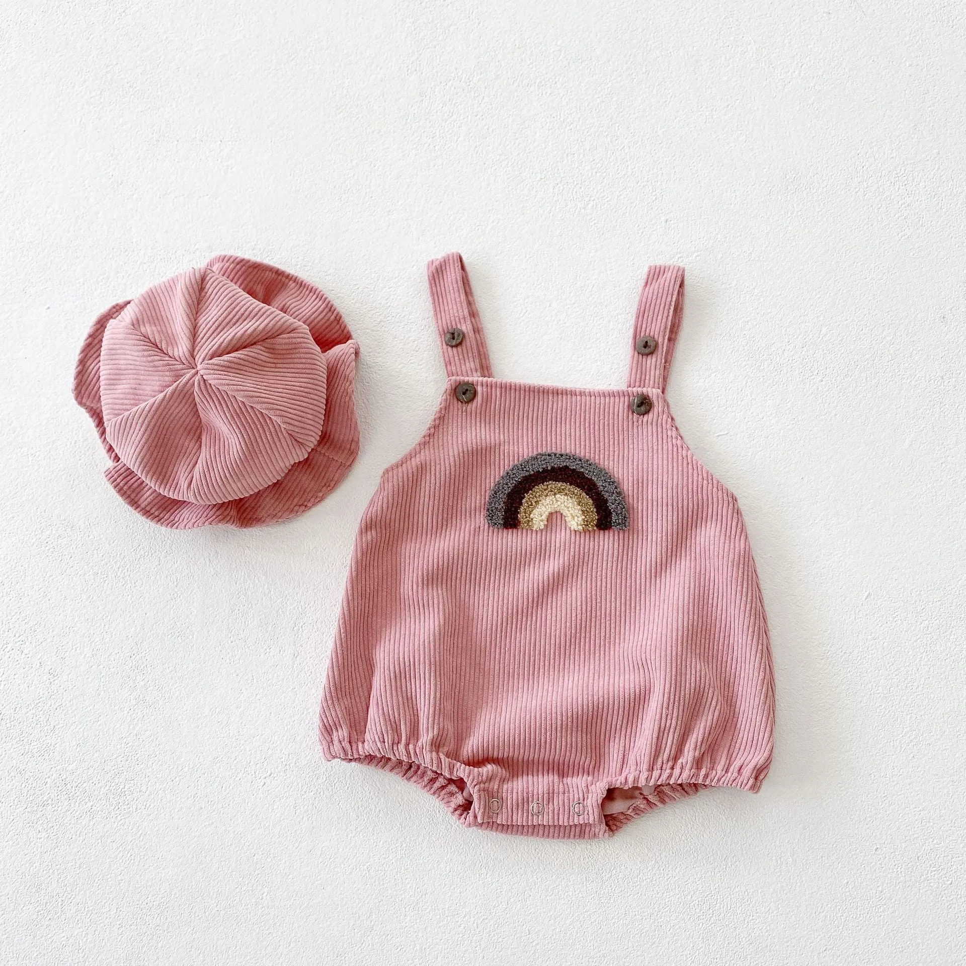 Baby Girls Boys Rainbow Muslin&Ribbed Rompers And Hats Wholesale 211116248