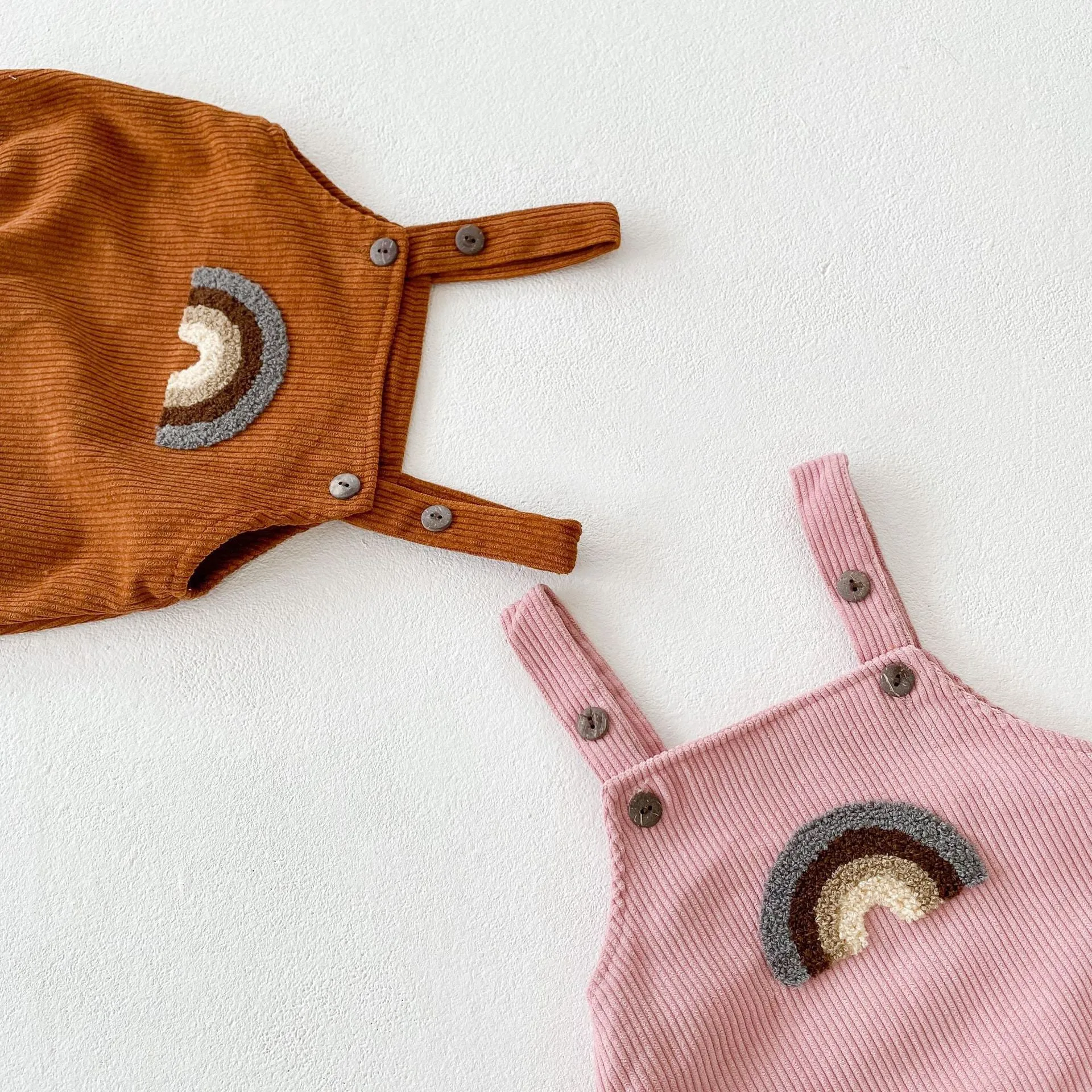 Baby Girls Boys Rainbow Muslin&Ribbed Rompers And Hats Wholesale 211116248