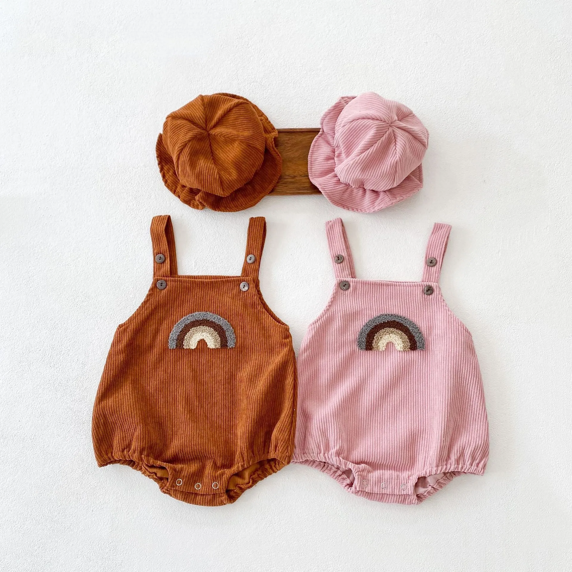 Baby Girls Boys Rainbow Muslin&Ribbed Rompers And Hats Wholesale 211116248