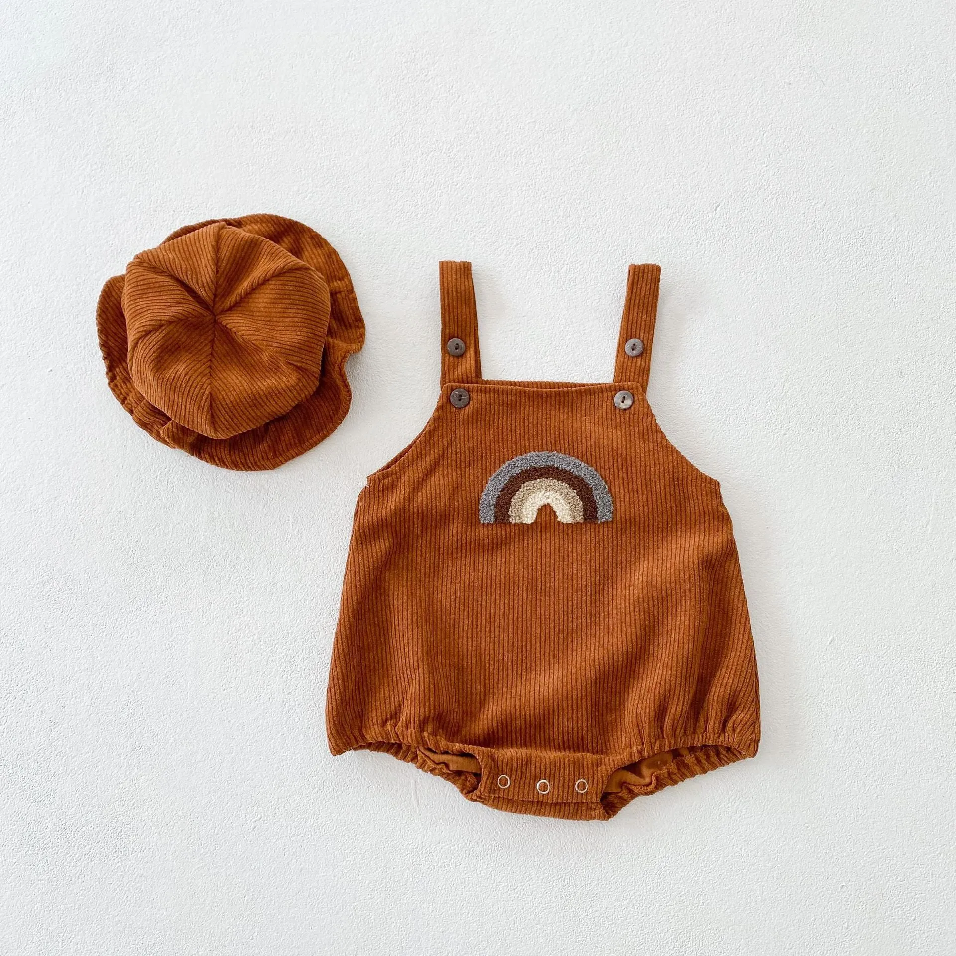 Baby Girls Boys Rainbow Muslin&Ribbed Rompers And Hats Wholesale 211116248
