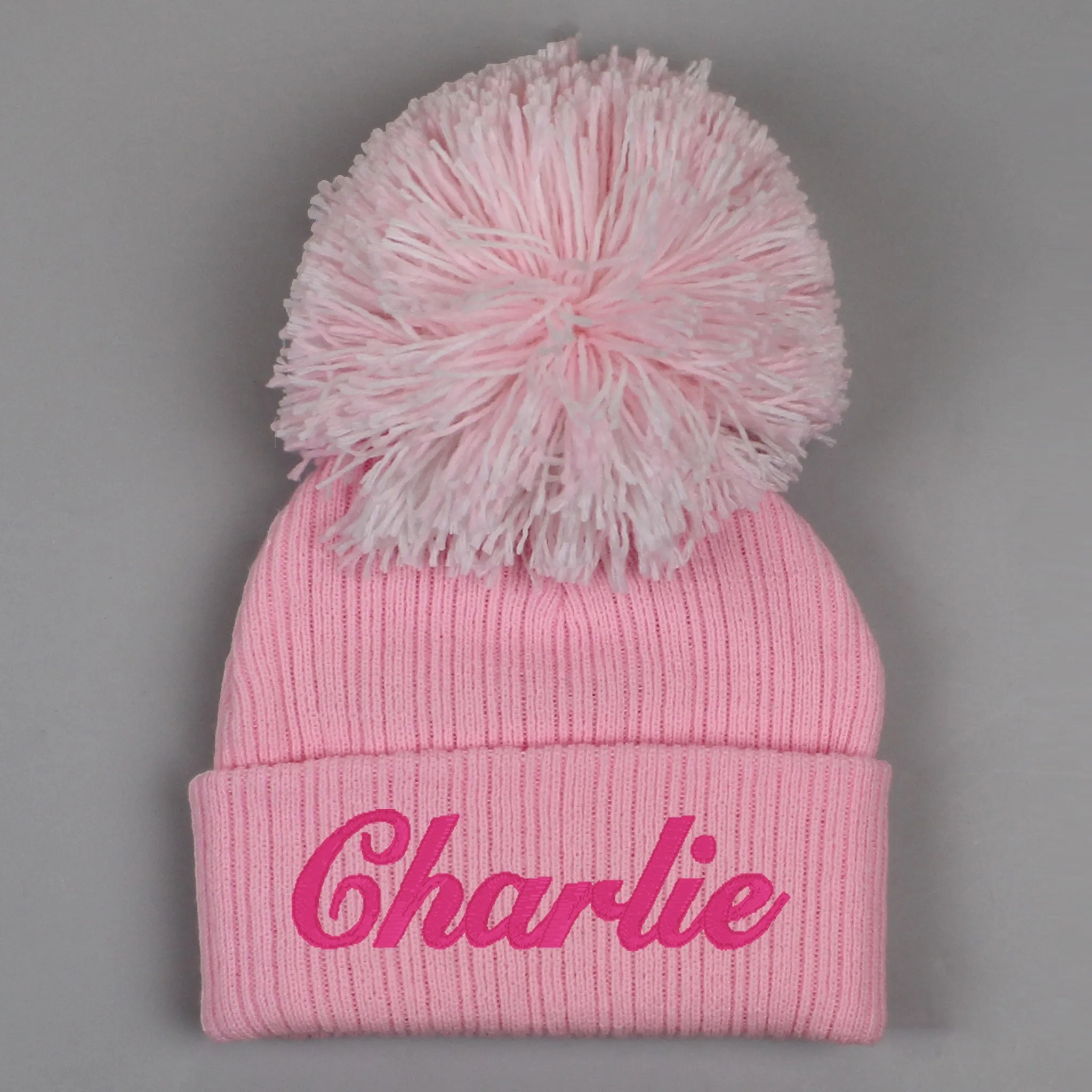 Baby Girls Pink Wooly Pom Hat - Personalised