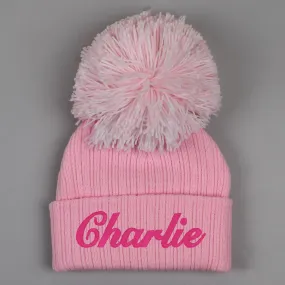 Baby Girls Pink Wooly Pom Hat - Personalised