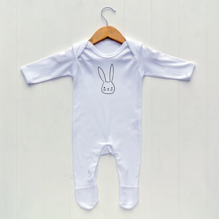 Baby Sleepsuit, White, Bunny Face Print - 0-3 months