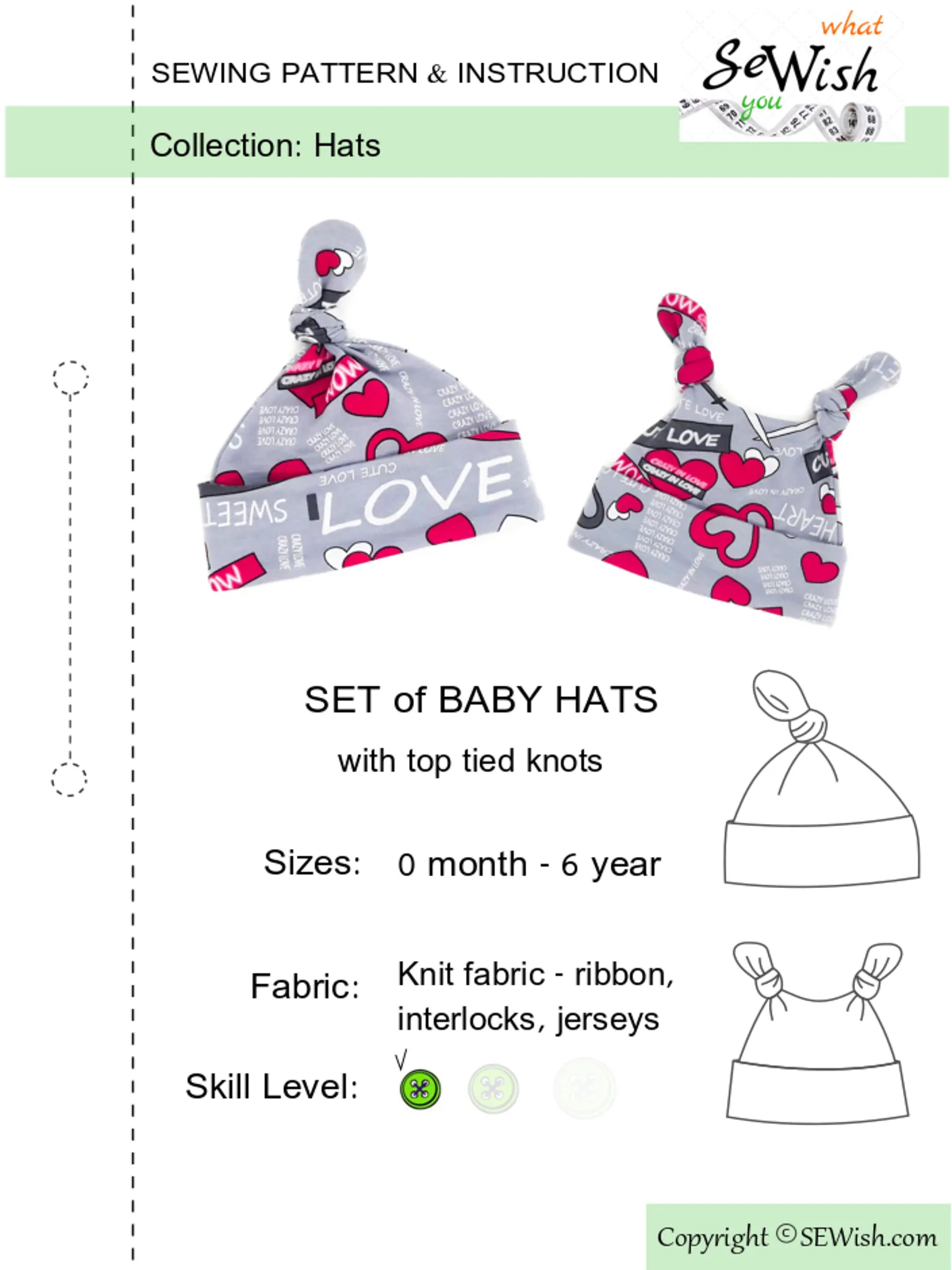 Baby Top Knot Hats Sewing Patterns. Sizes NEWBORN - 6 YEARS