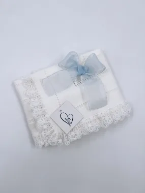 Beautiful Ivory knitted blanket with Dusty Blue bow and lace trim(98cm).Suitable for boys and girls.