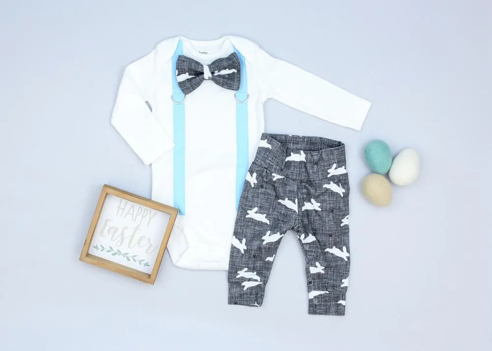 Blue Suspenders / Gray Bunnies Bowtie