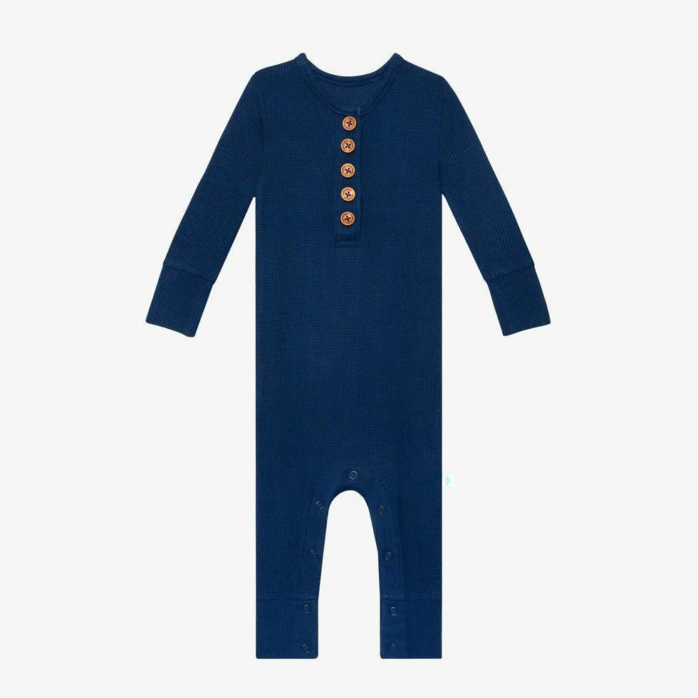 Boy's Bamboo Long Sleeve Henley Romper - Agate Waffle