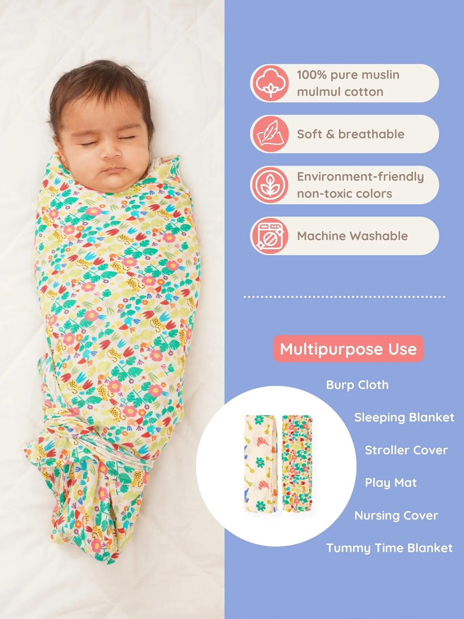 Colourful Dreams Cotton Muslin Swaddle Wrap for New Born (Pack of 2)