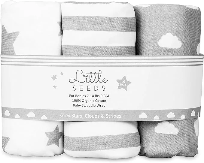 Little Seeds New Born Swaddle Wrap 0-3 Months 100% Organic Cotton Pack of 3 - Baby Blankets For Boy and Girl - Hip-Healthy Design