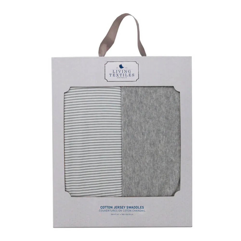 Living Textiles Cotton Jersey Swaddle Blanket 2-Pack Set - Grey Marl   Grey Heathered Stripes