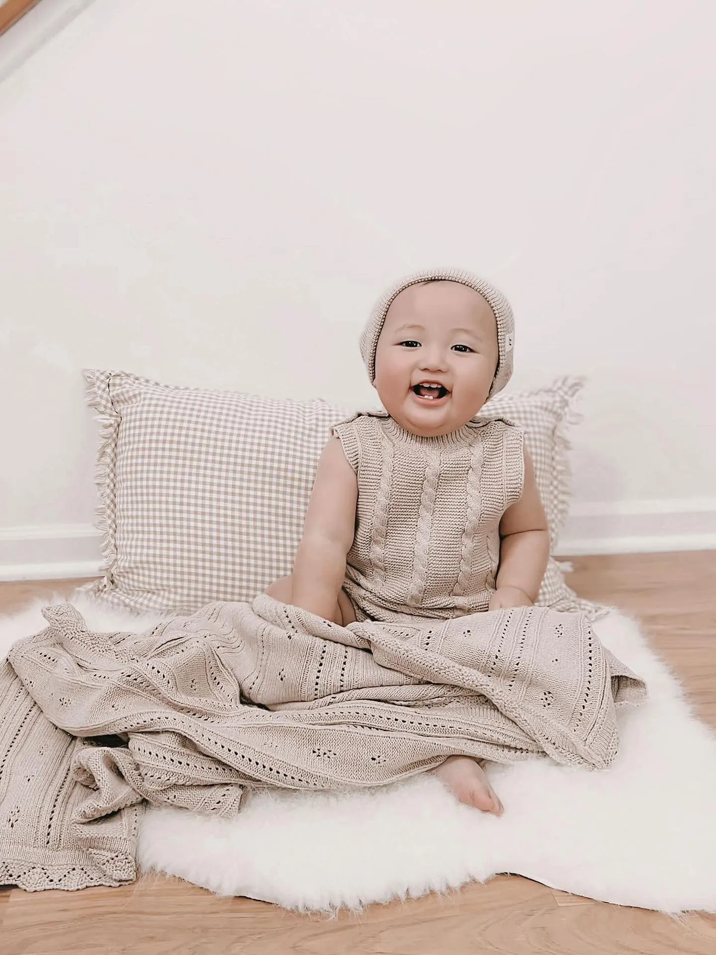 Luna   Luca Pointelle Baby Blanket - Heather Beige