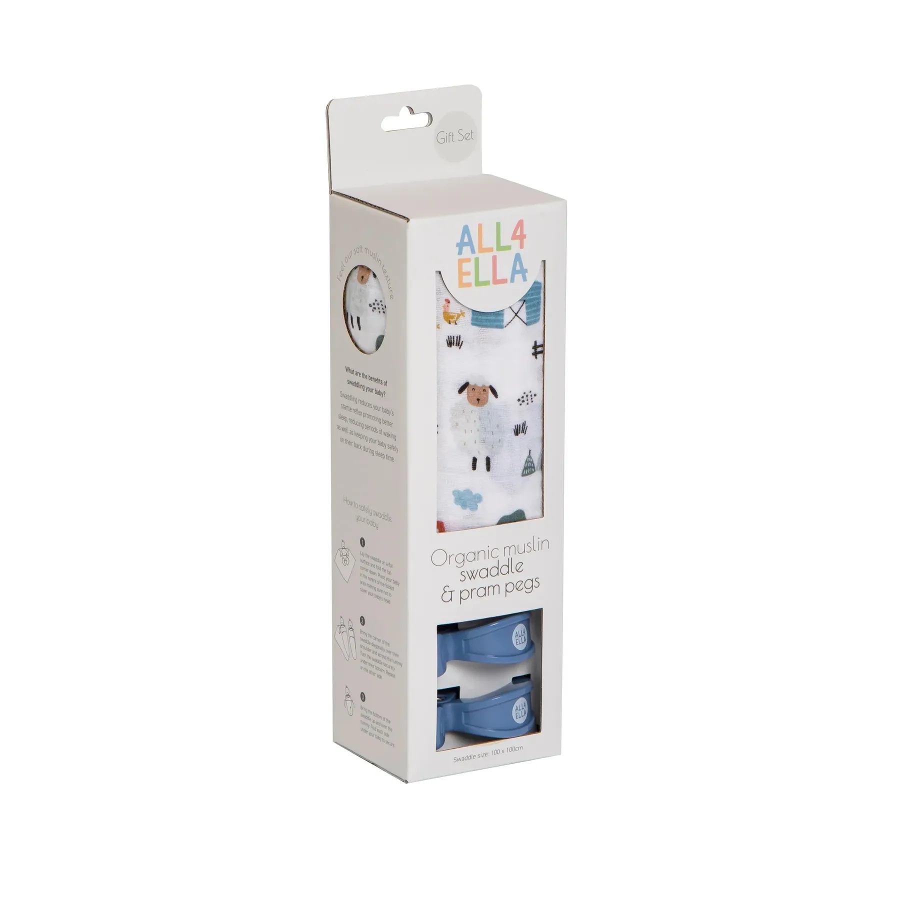 Organic Muslin Swaddle & 2 Pram Peg Gift Set - Barnyard