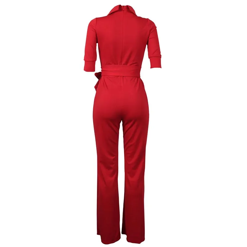 Sexy Women Half Sleeve Belt Solid Casual Jumpsuit #Red