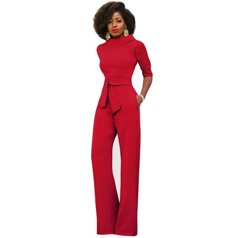 Sexy Women Half Sleeve Belt Solid Casual Jumpsuit #Red