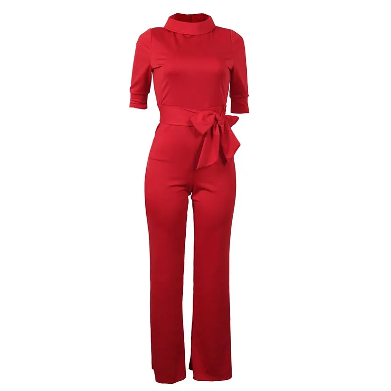 Sexy Women Half Sleeve Belt Solid Casual Jumpsuit #Red