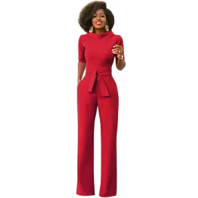 Sexy Women Half Sleeve Belt Solid Casual Jumpsuit #Red