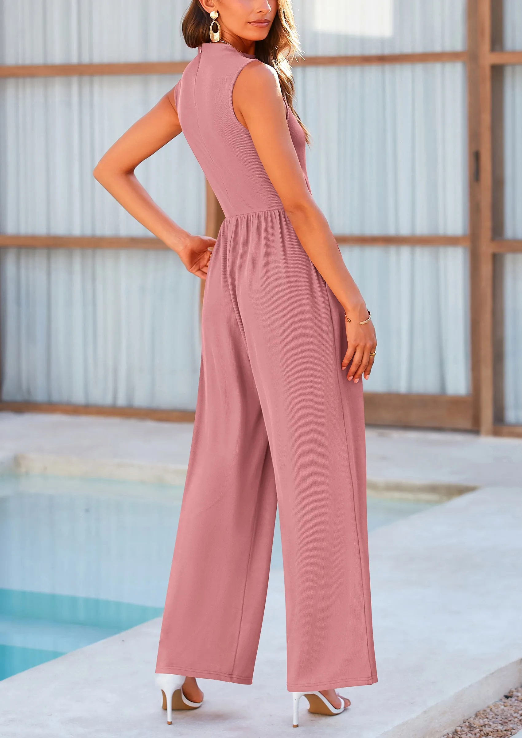 Sleeveless Casual Dressy Mock Neck Wide Leg Pants Rompers with Pockets Jumpsuits