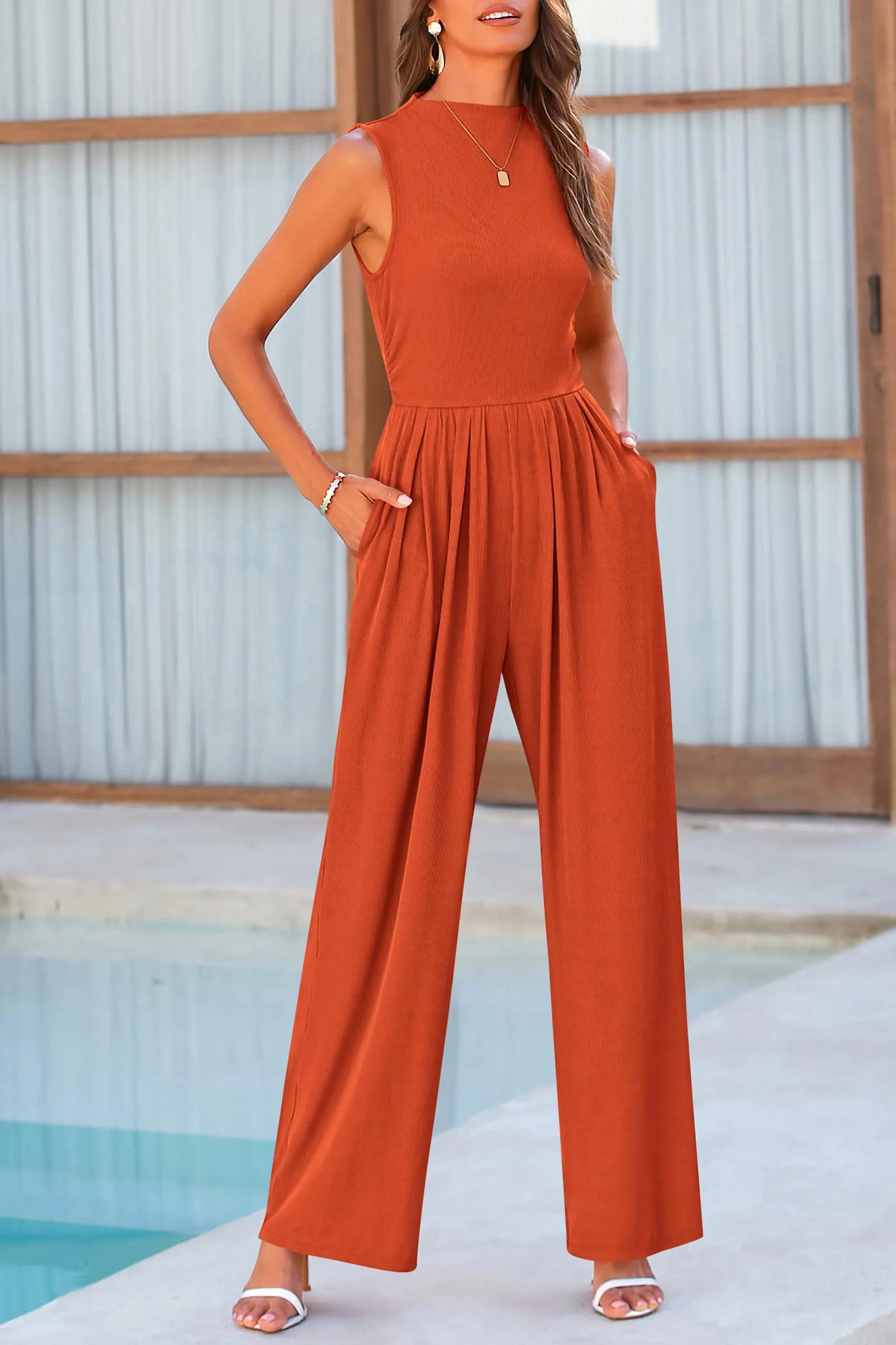 Sleeveless Casual Dressy Mock Neck Wide Leg Pants Rompers with Pockets Jumpsuits