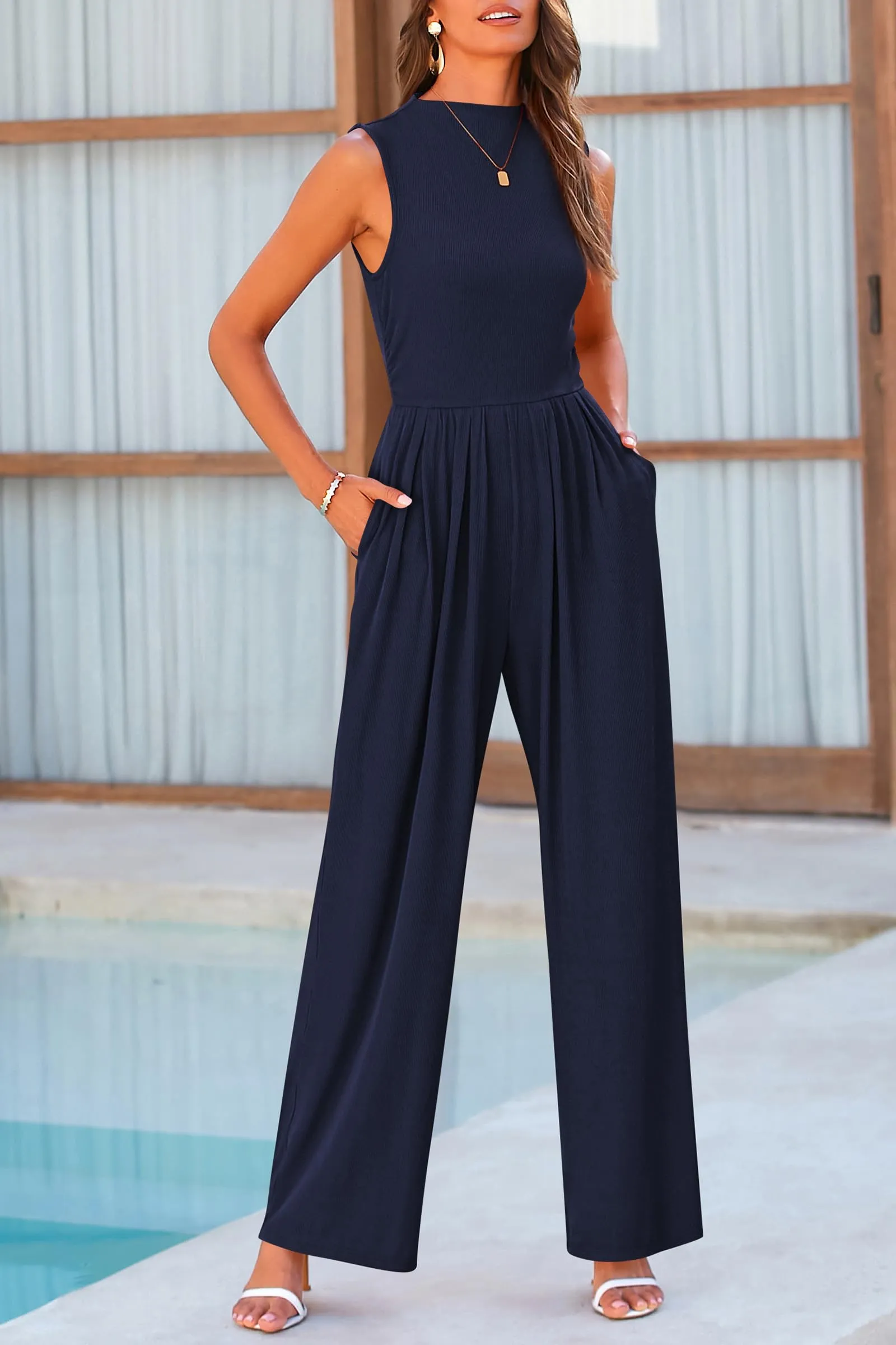 Sleeveless Casual Dressy Mock Neck Wide Leg Pants Rompers with Pockets Jumpsuits